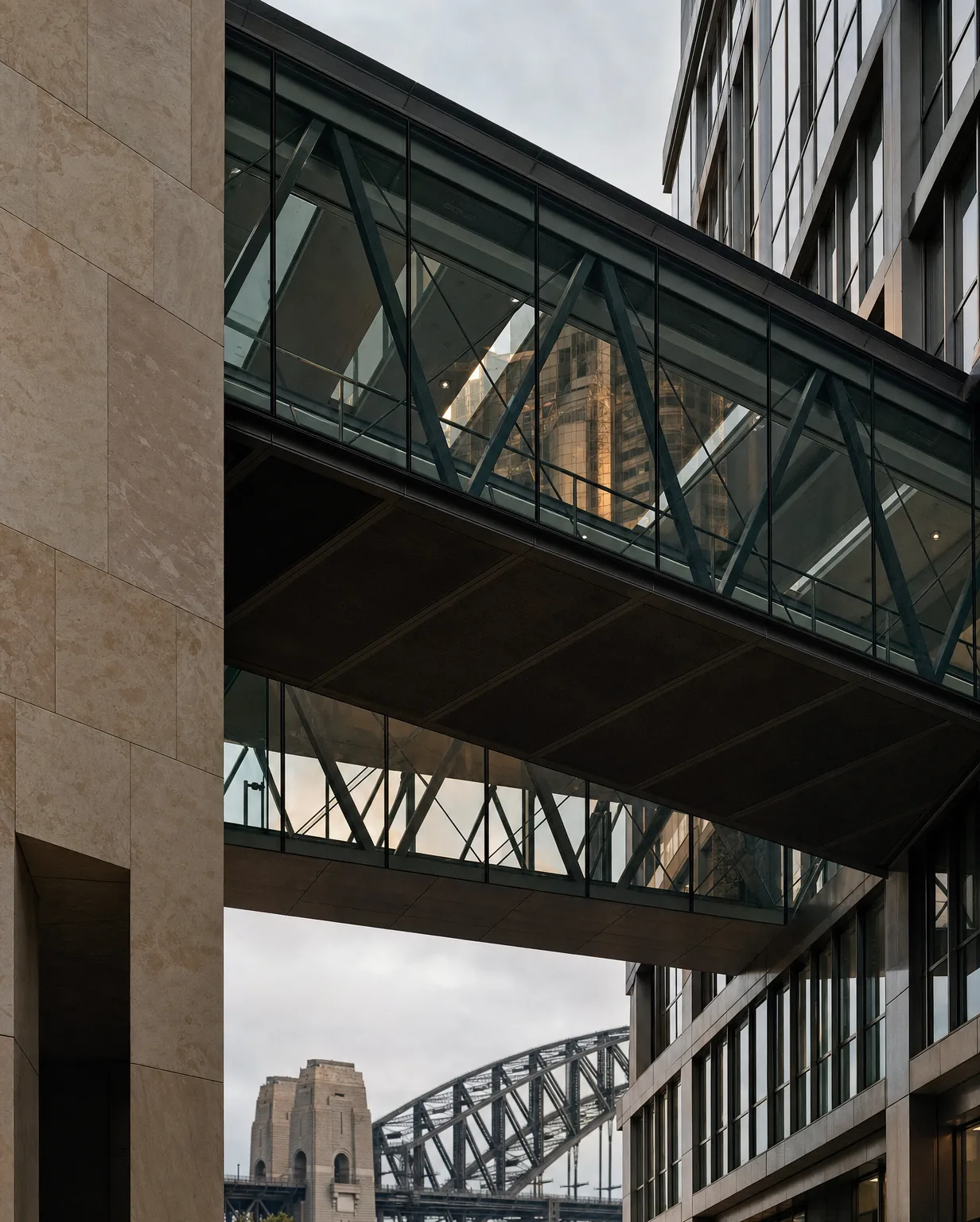 A glass link bridge between two Sydney office towers